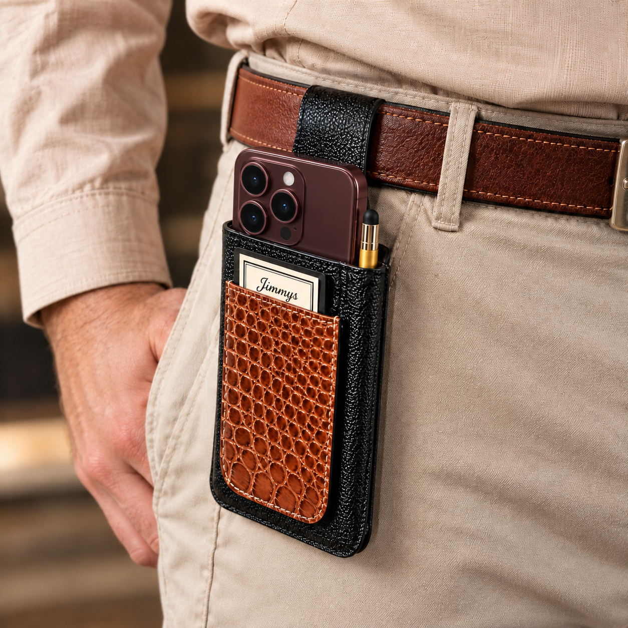 Product attached to a leather belt